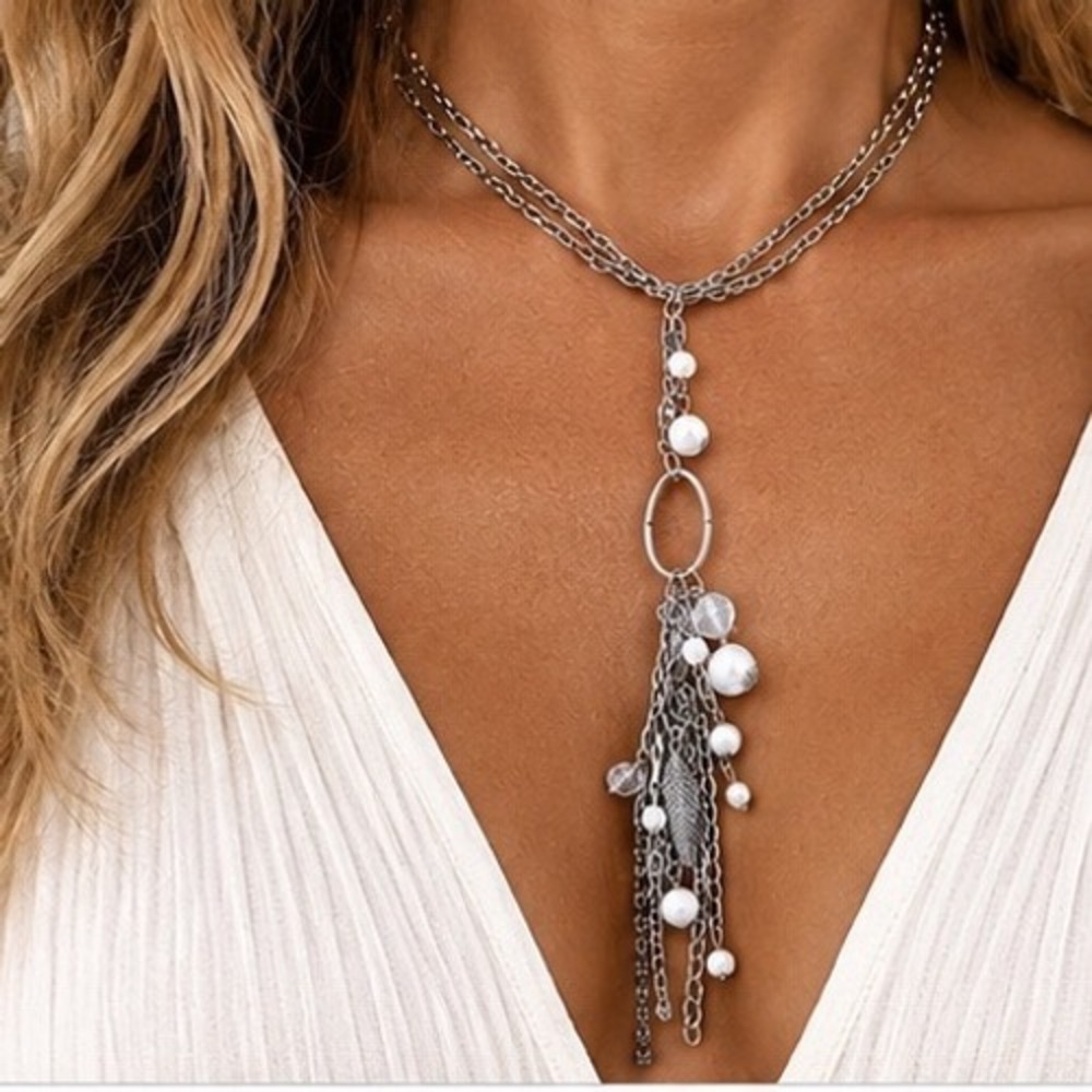 Pearlized Beads Feather Chain Tassel Double Strand Y-Necklace Statement Boho 30"